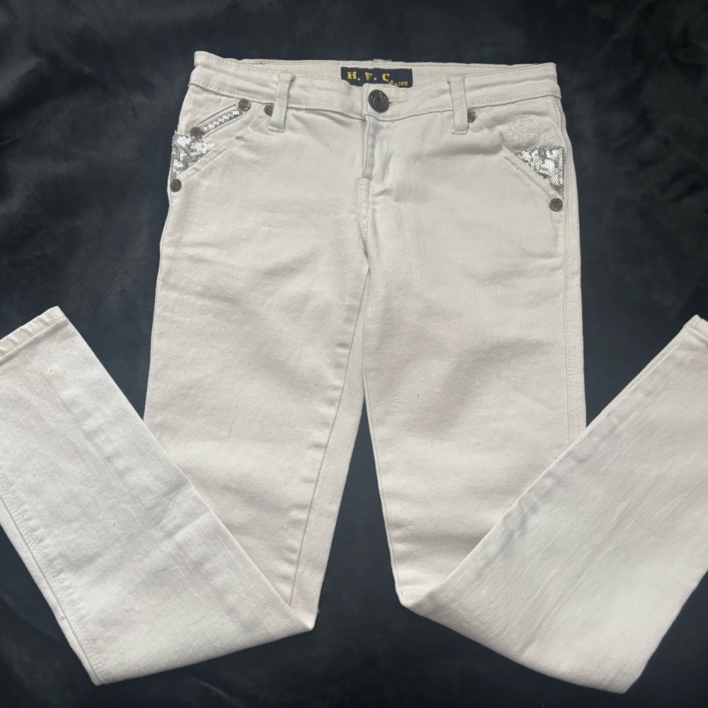 Y2K H.F.C White Embellished Jeans w/ Sequins & Embroidered Crest - Rare Designer